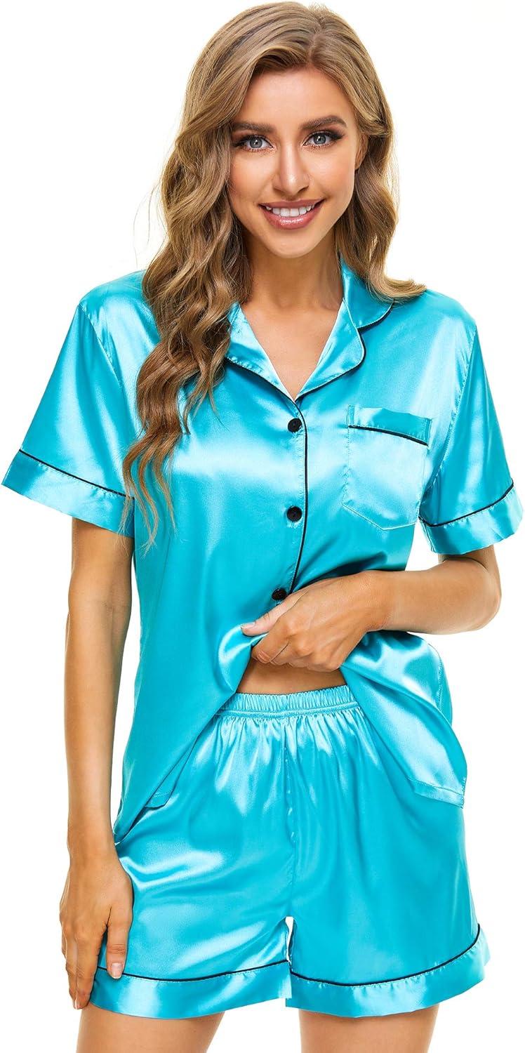 imageSWOMOG Womens Silk Satin Pajamas Set Short Sleeve Sleepwear Button Down Top and Shorts Loungewear 2 Piece Pjs Set XS3XLCyan