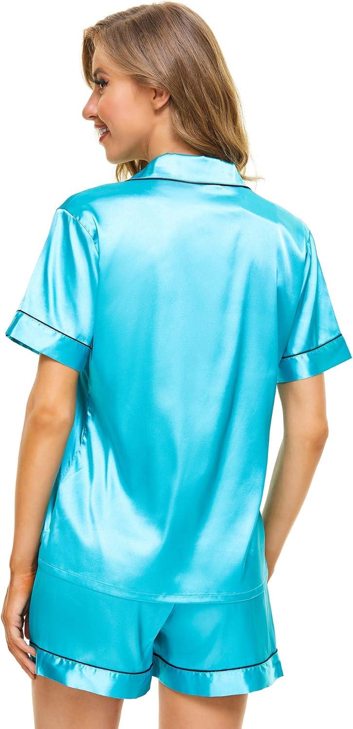 imageSWOMOG Womens Silk Satin Pajamas Set Short Sleeve Sleepwear Button Down Top and Shorts Loungewear 2 Piece Pjs Set XS3XLCyan