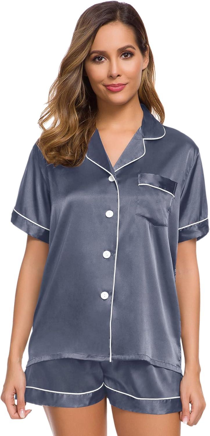imageSWOMOG Womens Silk Satin Pajamas Set Short Sleeve Sleepwear Button Down Top and Shorts Loungewear 2 Piece Pjs Set XS3XLDark Gray