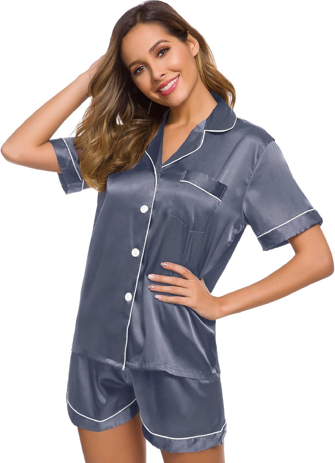 imageSWOMOG Womens Silk Satin Pajamas Set Short Sleeve Sleepwear Button Down Top and Shorts Loungewear 2 Piece Pjs Set XS3XLDark Gray