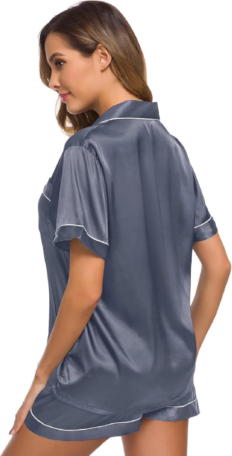 imageSWOMOG Womens Silk Satin Pajamas Set Short Sleeve Sleepwear Button Down Top and Shorts Loungewear 2 Piece Pjs Set XS3XLDark Gray