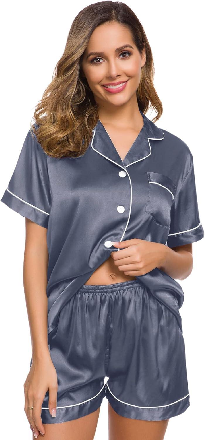 imageSWOMOG Womens Silk Satin Pajamas Set Short Sleeve Sleepwear Button Down Top and Shorts Loungewear 2 Piece Pjs Set XS3XLDark Gray