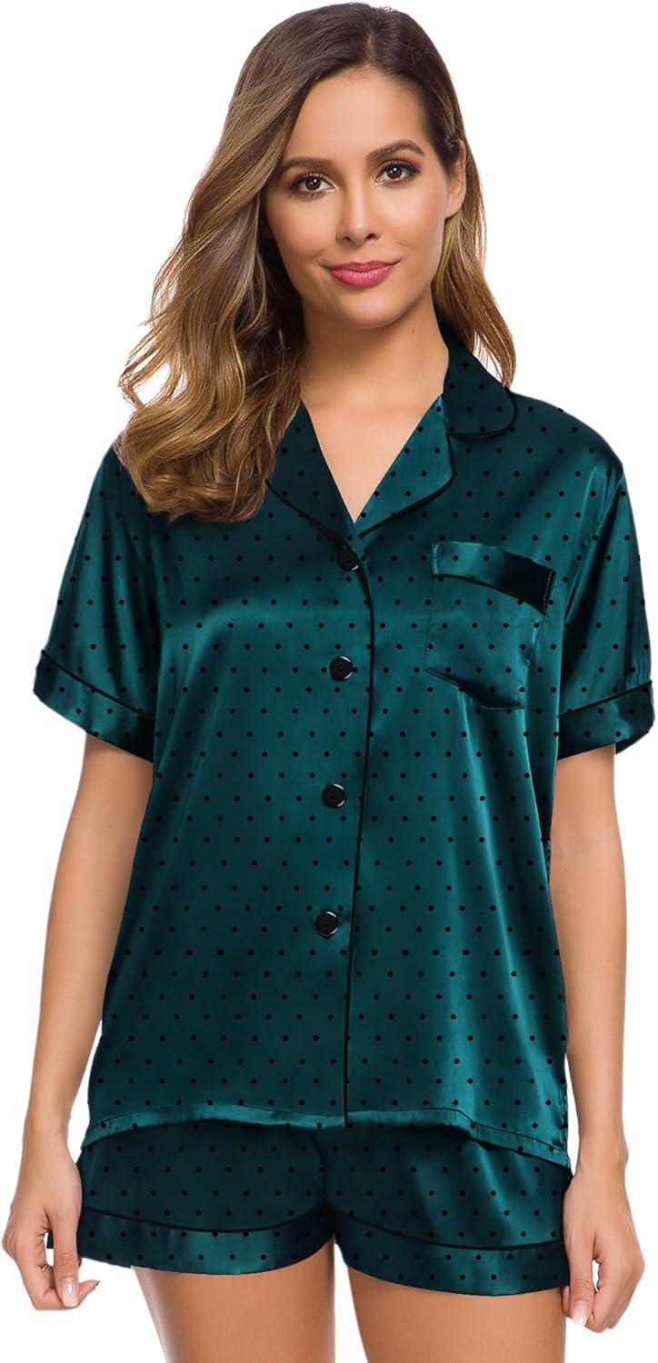 imageSWOMOG Womens Silk Satin Pajamas Set Short Sleeve Sleepwear Button Down Top and Shorts Loungewear 2 Piece Pjs Set XS3XLDeep Green Dots