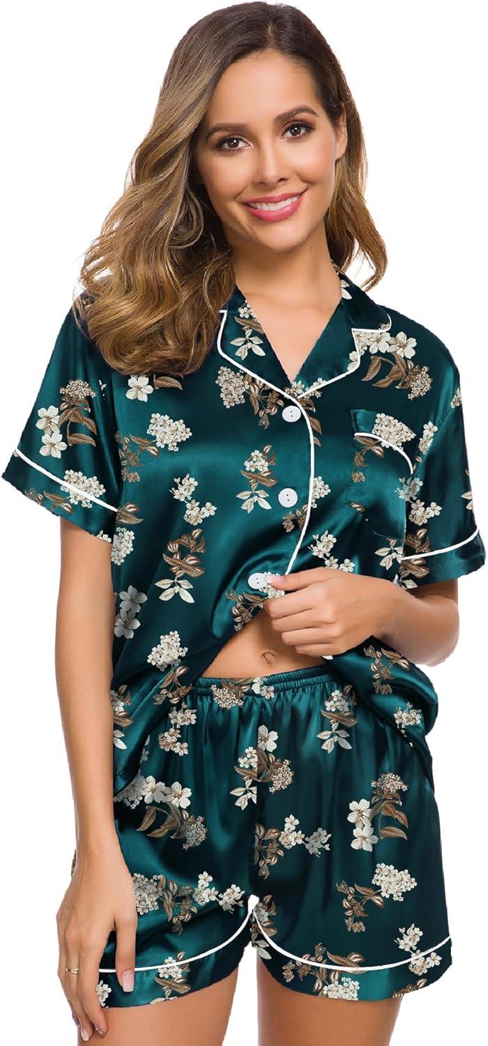 imageSWOMOG Womens Silk Satin Pajamas Set Short Sleeve Sleepwear Button Down Top and Shorts Loungewear 2 Piece Pjs Set XS3XLDeep Green Floral