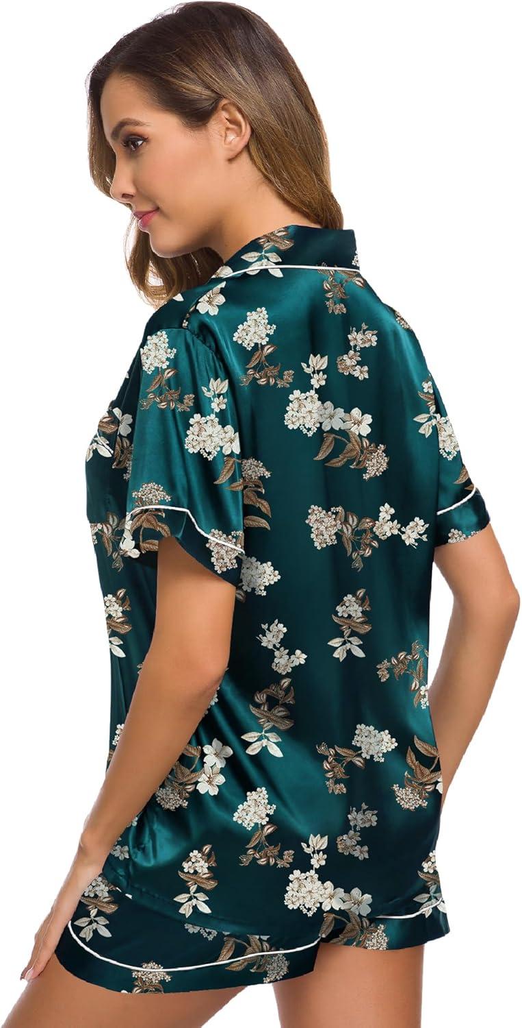 imageSWOMOG Womens Silk Satin Pajamas Set Short Sleeve Sleepwear Button Down Top and Shorts Loungewear 2 Piece Pjs Set XS3XLDeep Green Floral