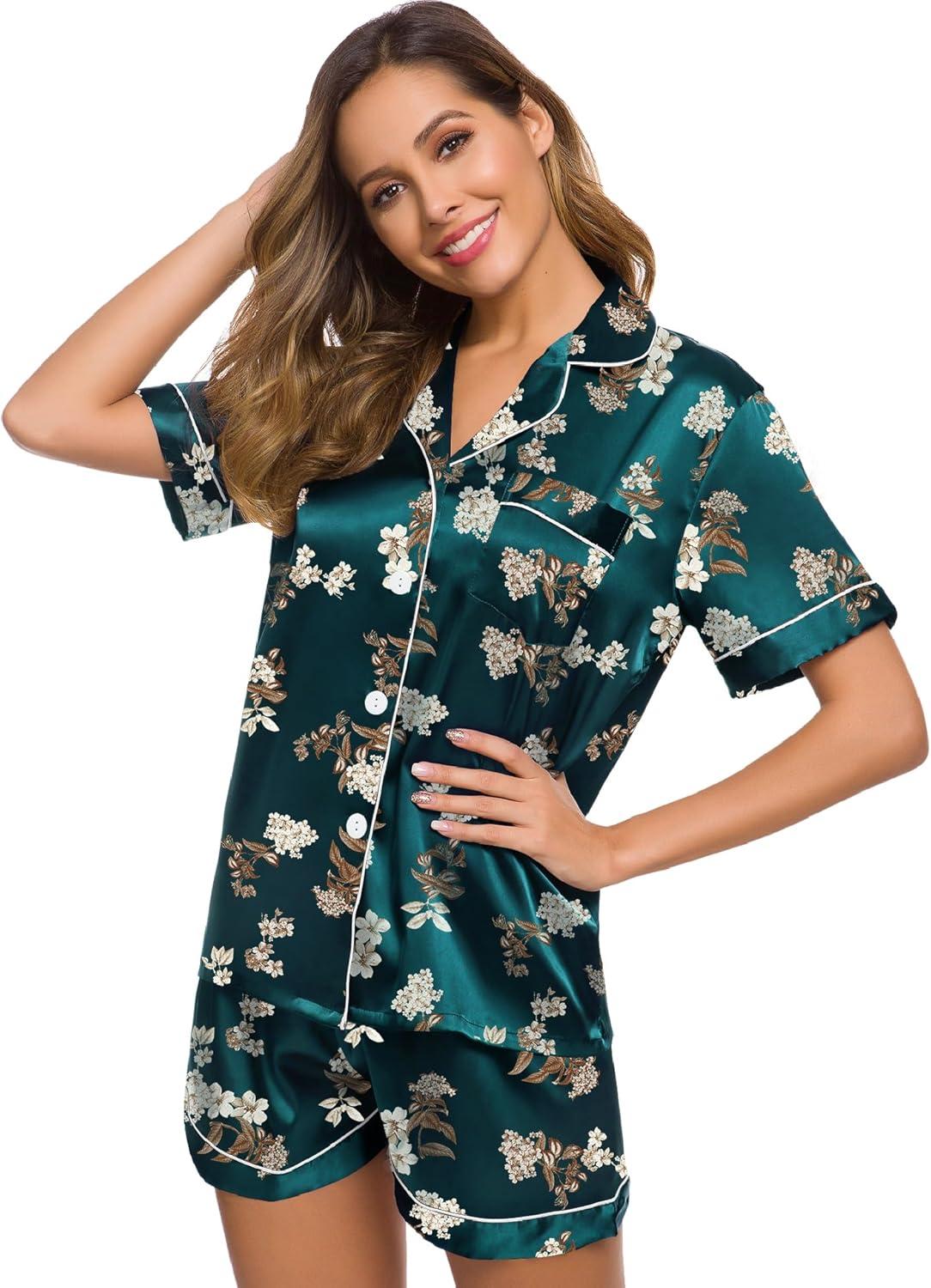 imageSWOMOG Womens Silk Satin Pajamas Set Short Sleeve Sleepwear Button Down Top and Shorts Loungewear 2 Piece Pjs Set XS3XLDeep Green Floral