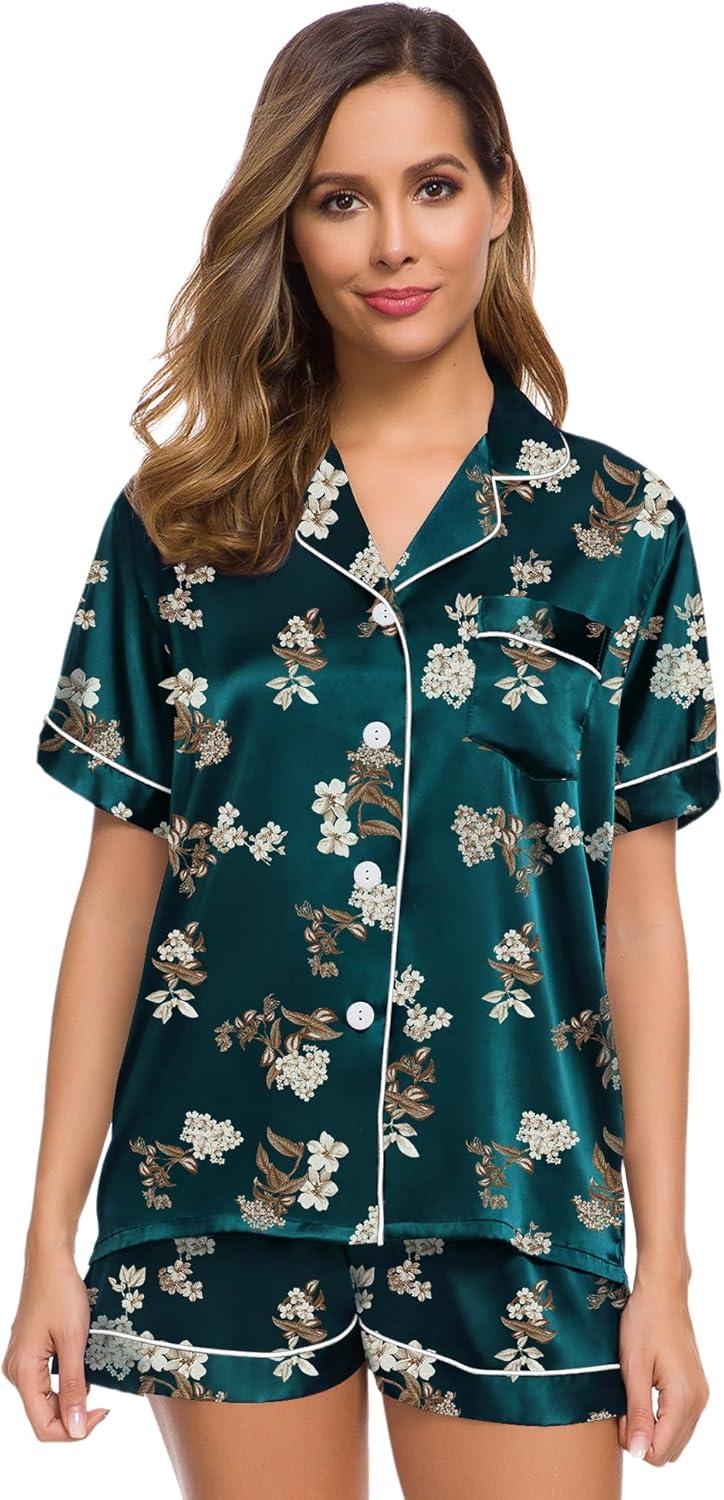 imageSWOMOG Womens Silk Satin Pajamas Set Short Sleeve Sleepwear Button Down Top and Shorts Loungewear 2 Piece Pjs Set XS3XLDeep Green Floral