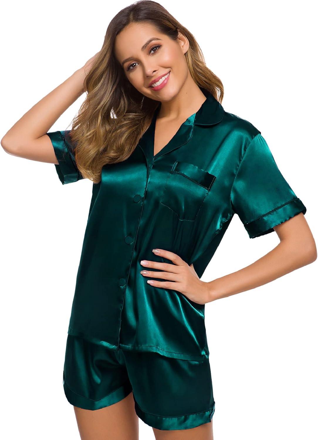 imageSWOMOG Womens Silk Satin Pajamas Set Short Sleeve Sleepwear Button Down Top and Shorts Loungewear 2 Piece Pjs Set XS3XLDeep Green Solid