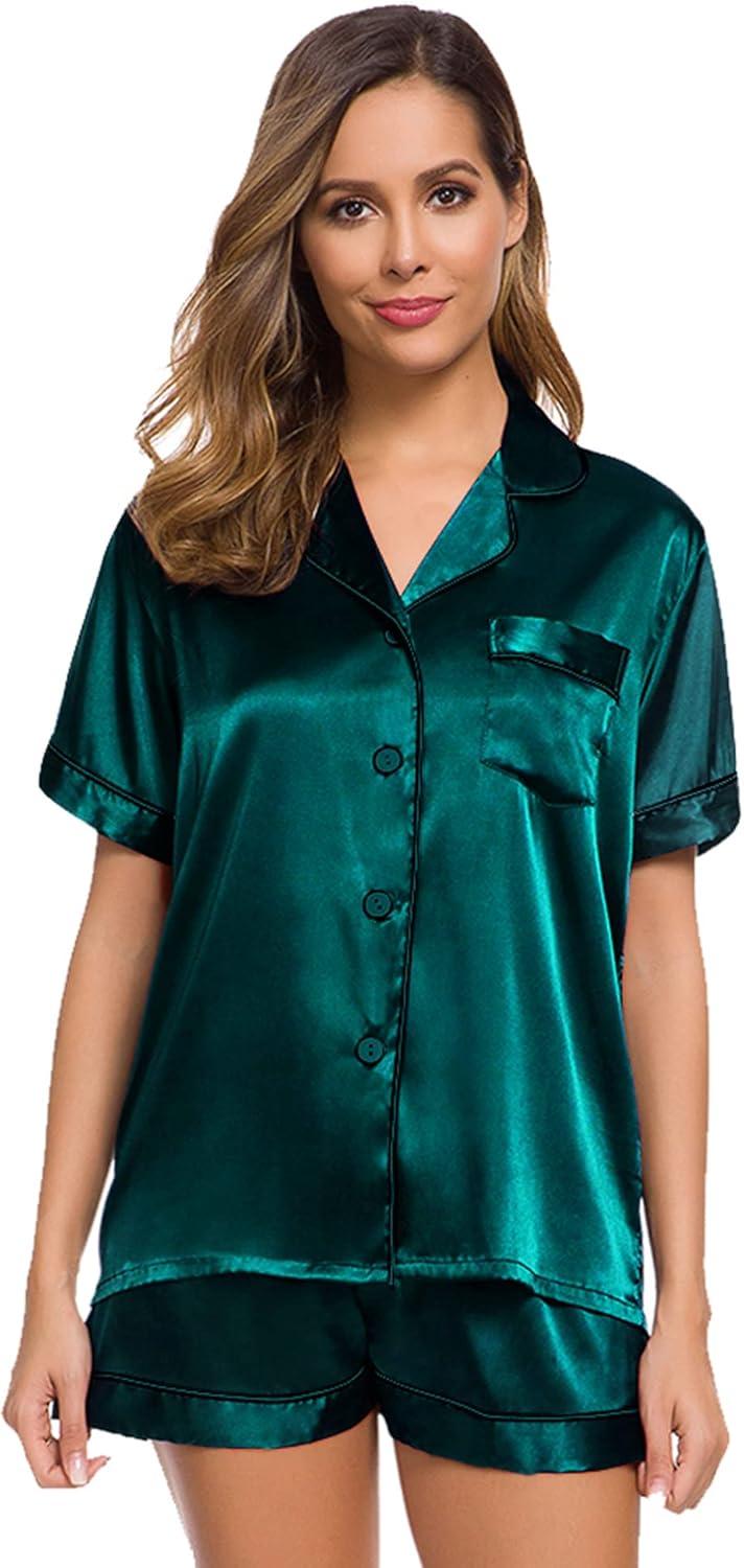 imageSWOMOG Womens Silk Satin Pajamas Set Short Sleeve Sleepwear Button Down Top and Shorts Loungewear 2 Piece Pjs Set XS3XLDeep Green Solid