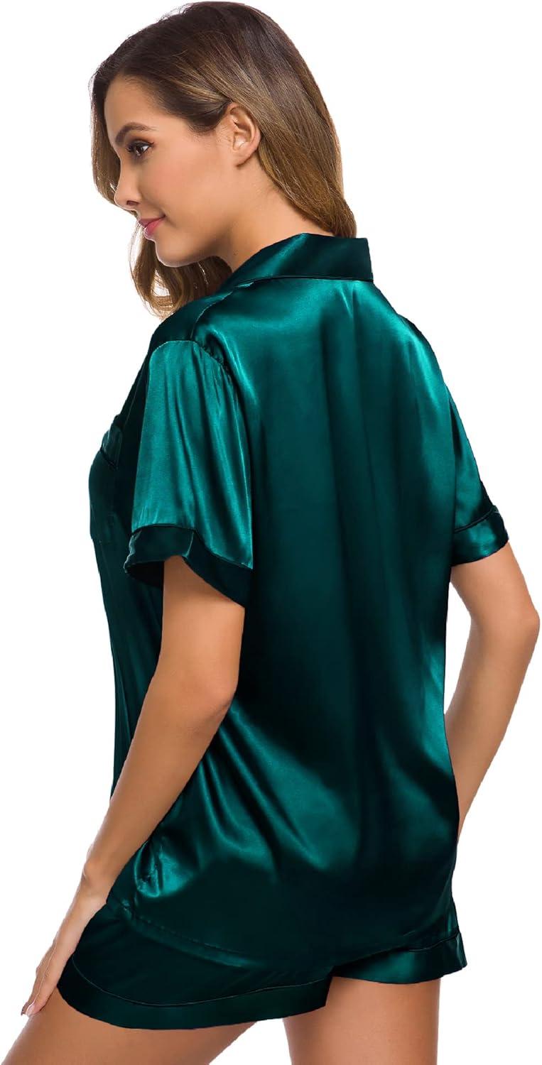 imageSWOMOG Womens Silk Satin Pajamas Set Short Sleeve Sleepwear Button Down Top and Shorts Loungewear 2 Piece Pjs Set XS3XLDeep Green Solid