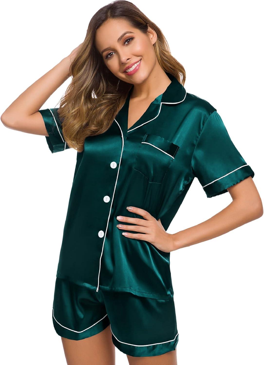 imageSWOMOG Womens Silk Satin Pajamas Set Short Sleeve Sleepwear Button Down Top and Shorts Loungewear 2 Piece Pjs Set XS3XLDeep Green With White Piping