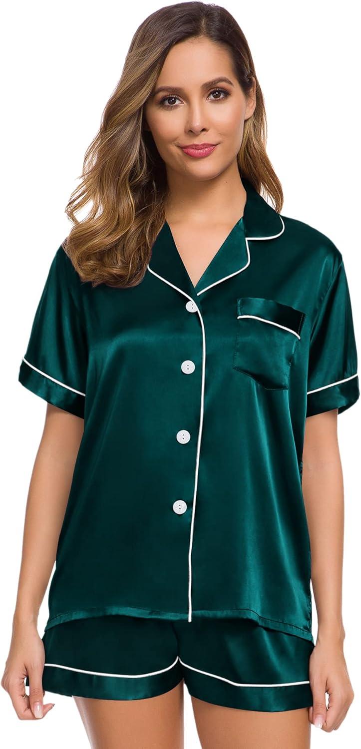 imageSWOMOG Womens Silk Satin Pajamas Set Short Sleeve Sleepwear Button Down Top and Shorts Loungewear 2 Piece Pjs Set XS3XLDeep Green With White Piping