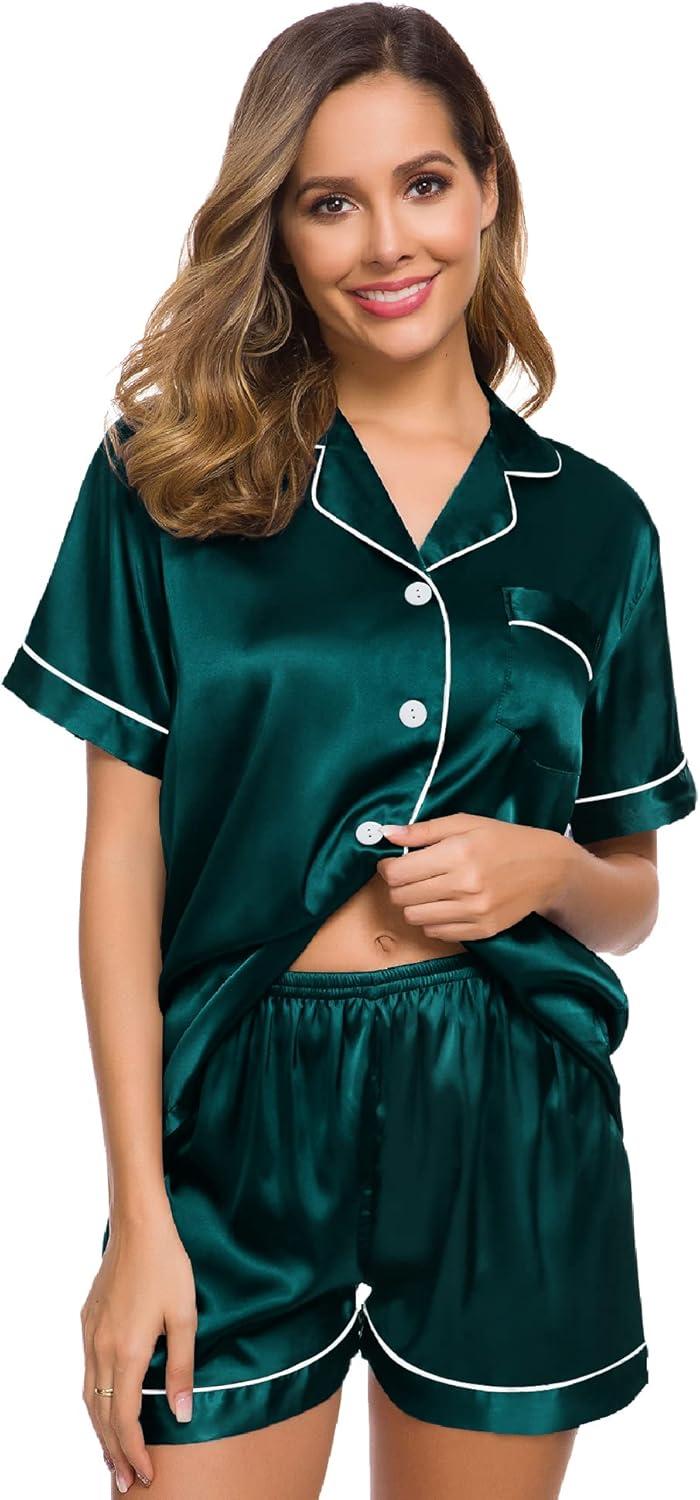 imageSWOMOG Womens Silk Satin Pajamas Set Short Sleeve Sleepwear Button Down Top and Shorts Loungewear 2 Piece Pjs Set XS3XLDeep Green With White Piping