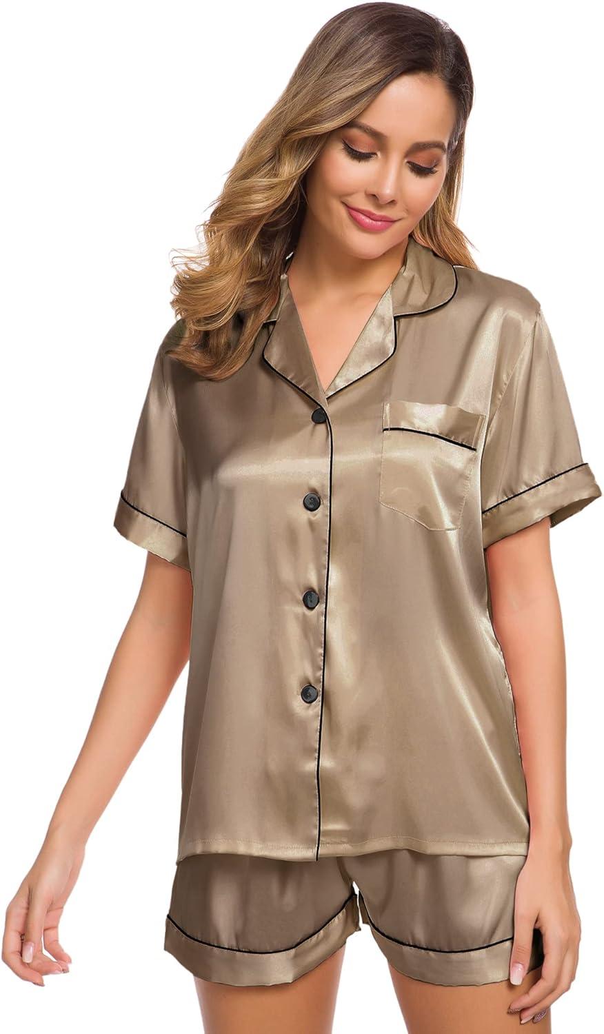 imageSWOMOG Womens Silk Satin Pajamas Set Short Sleeve Sleepwear Button Down Top and Shorts Loungewear 2 Piece Pjs Set XS3XLDeep Khaki