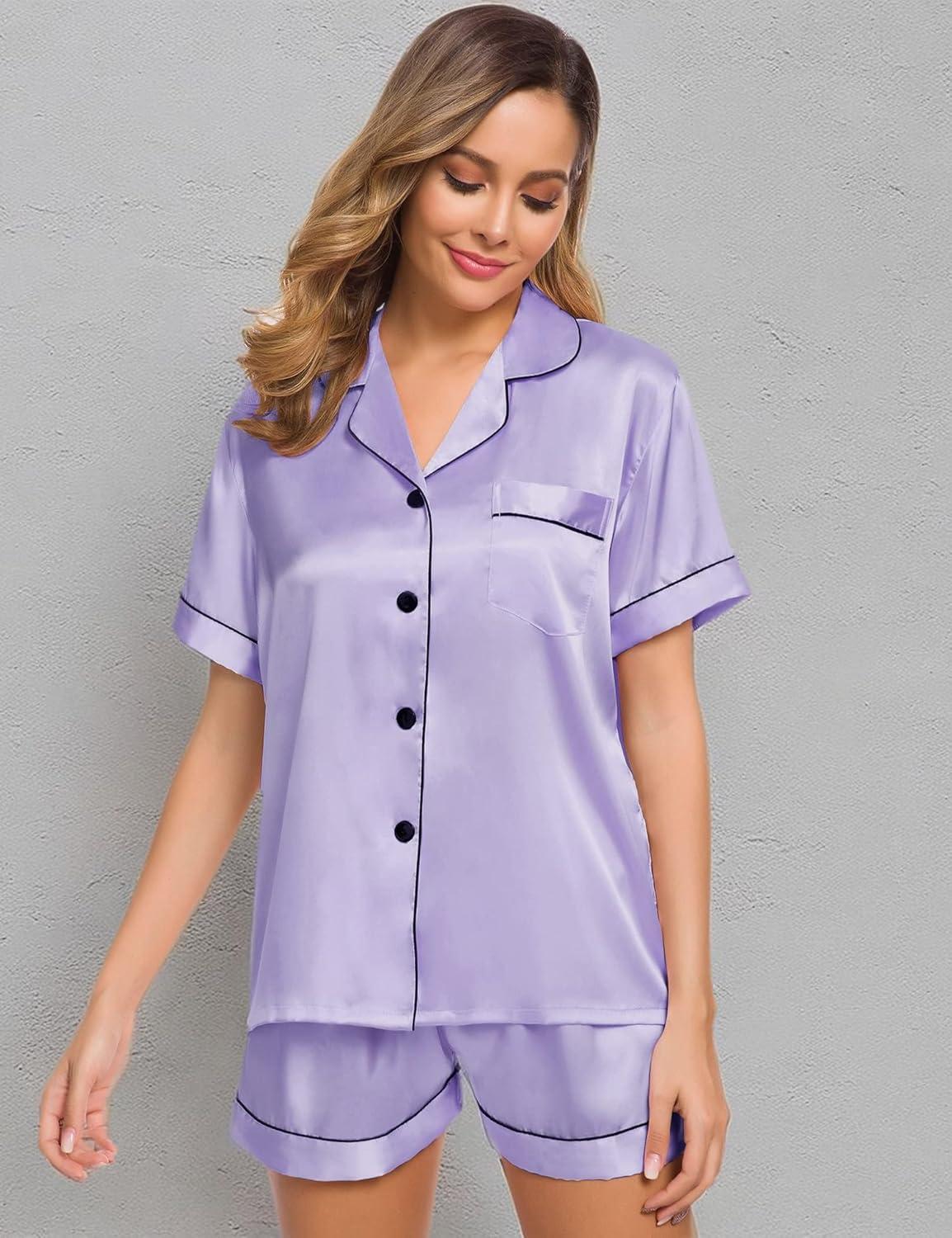 imageSWOMOG Womens Silk Satin Pajamas Set Short Sleeve Sleepwear Button Down Top and Shorts Loungewear 2 Piece Pjs Set XS3XLDeep Lavender