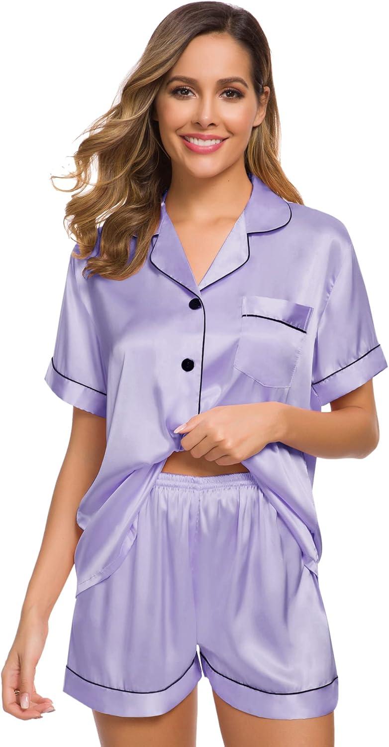 imageSWOMOG Womens Silk Satin Pajamas Set Short Sleeve Sleepwear Button Down Top and Shorts Loungewear 2 Piece Pjs Set XS3XLDeep Lavender