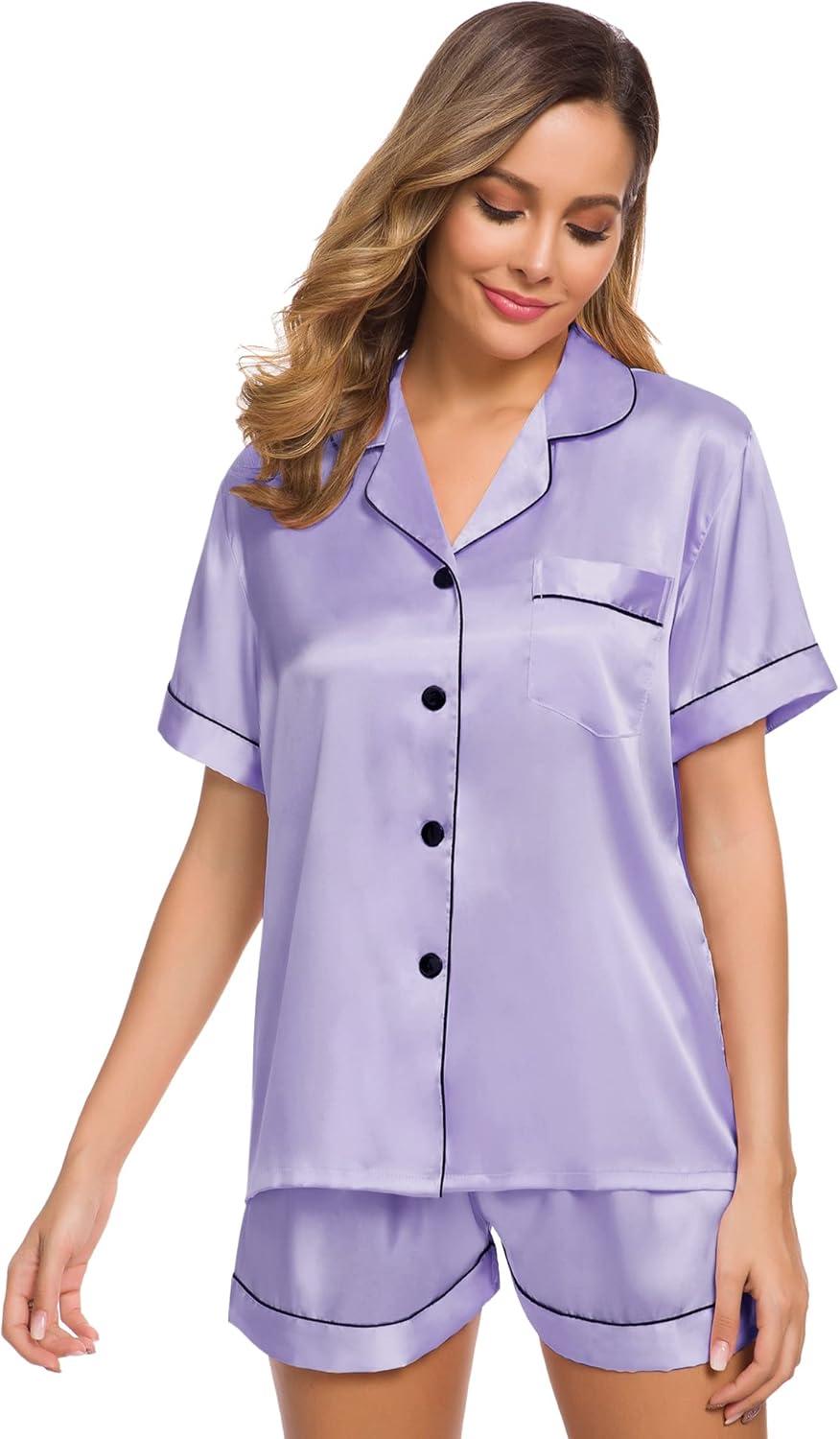 imageSWOMOG Womens Silk Satin Pajamas Set Short Sleeve Sleepwear Button Down Top and Shorts Loungewear 2 Piece Pjs Set XS3XLDeep Lavender