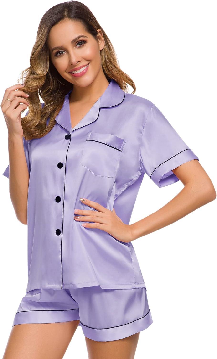 imageSWOMOG Womens Silk Satin Pajamas Set Short Sleeve Sleepwear Button Down Top and Shorts Loungewear 2 Piece Pjs Set XS3XLDeep Lavender