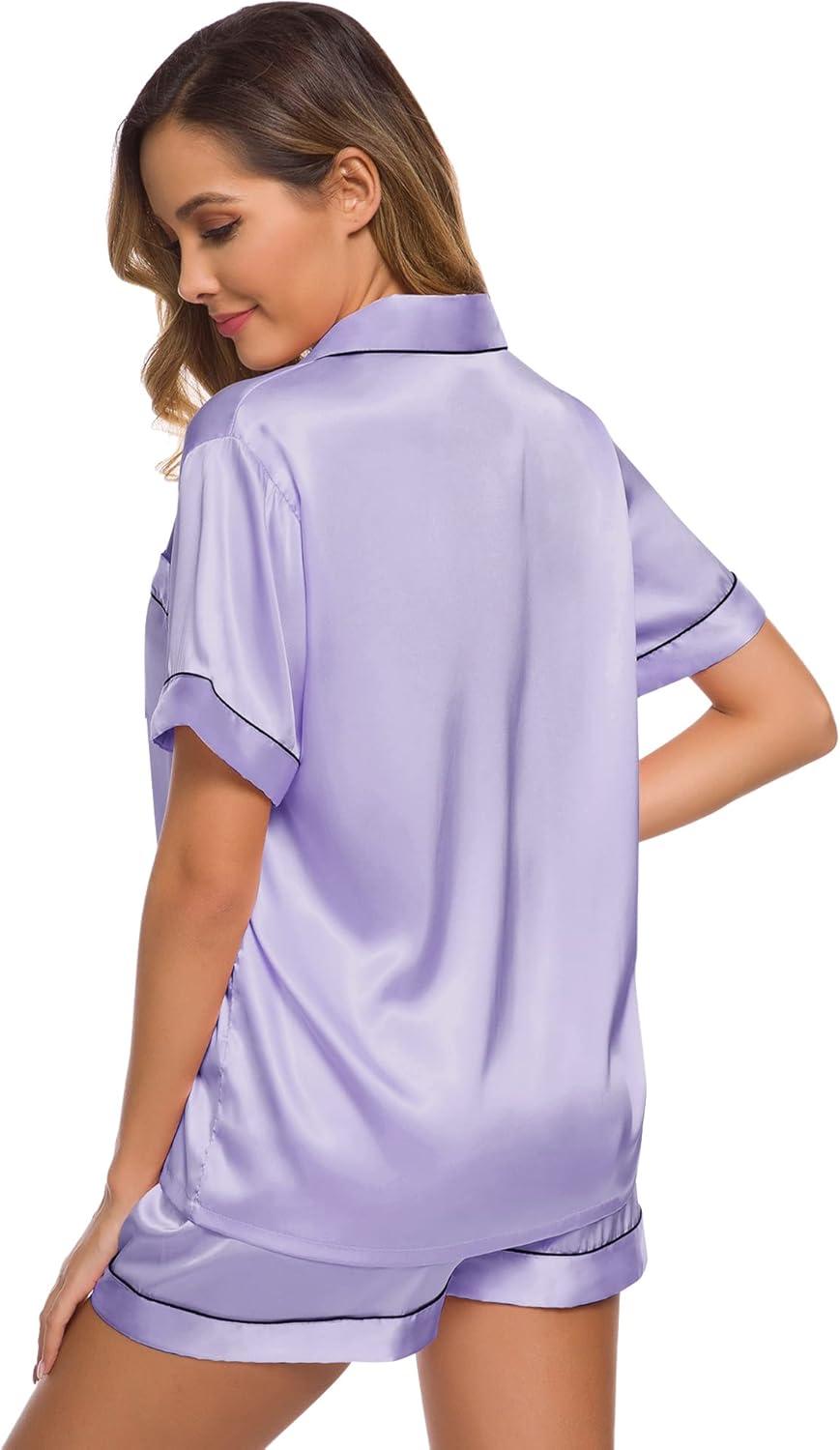 imageSWOMOG Womens Silk Satin Pajamas Set Short Sleeve Sleepwear Button Down Top and Shorts Loungewear 2 Piece Pjs Set XS3XLDeep Lavender