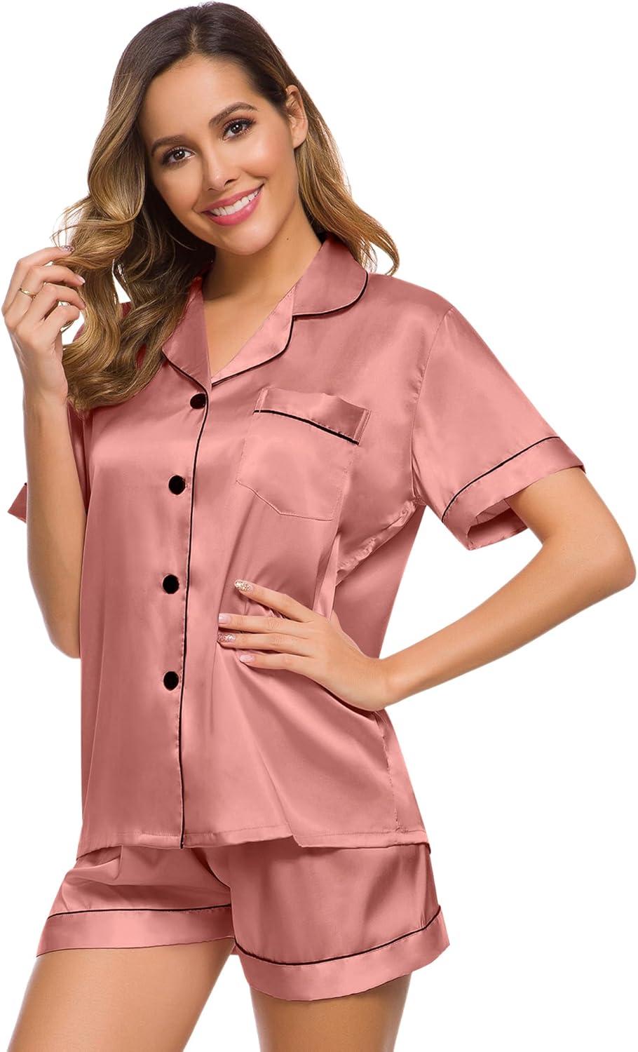 imageSWOMOG Womens Silk Satin Pajamas Set Short Sleeve Sleepwear Button Down Top and Shorts Loungewear 2 Piece Pjs Set XS3XLDeep Misty Rose