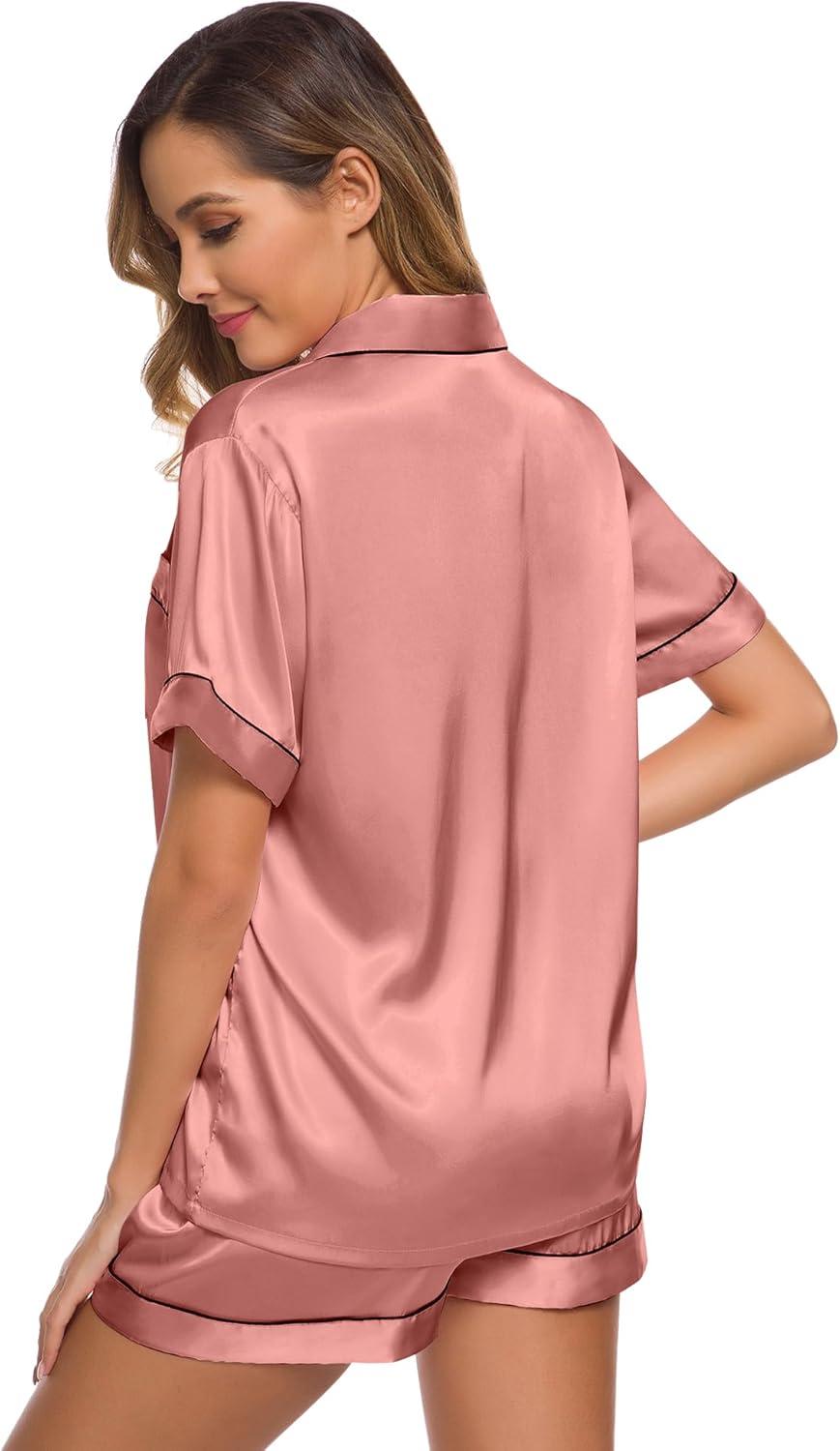 imageSWOMOG Womens Silk Satin Pajamas Set Short Sleeve Sleepwear Button Down Top and Shorts Loungewear 2 Piece Pjs Set XS3XLDeep Misty Rose