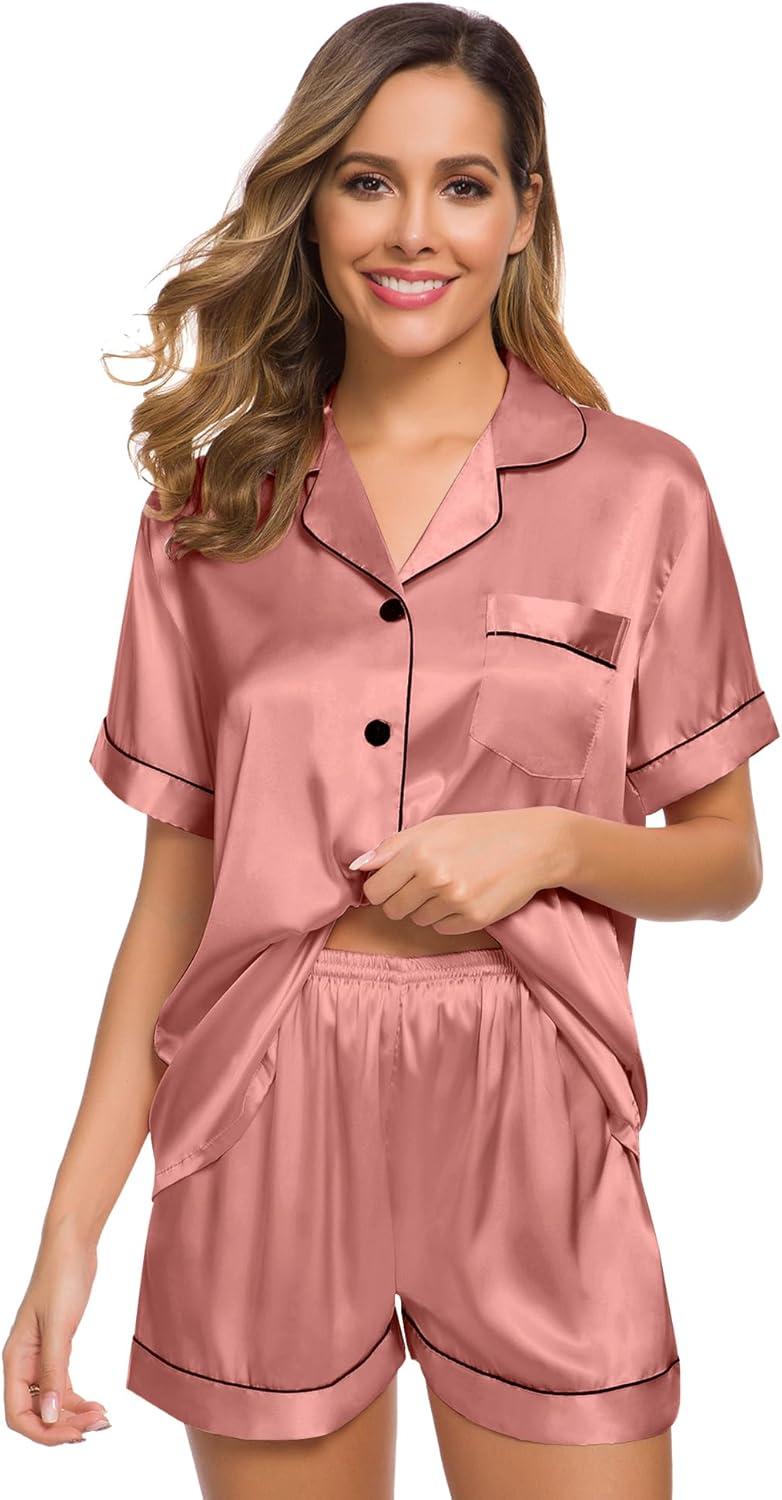 imageSWOMOG Womens Silk Satin Pajamas Set Short Sleeve Sleepwear Button Down Top and Shorts Loungewear 2 Piece Pjs Set XS3XLDeep Misty Rose