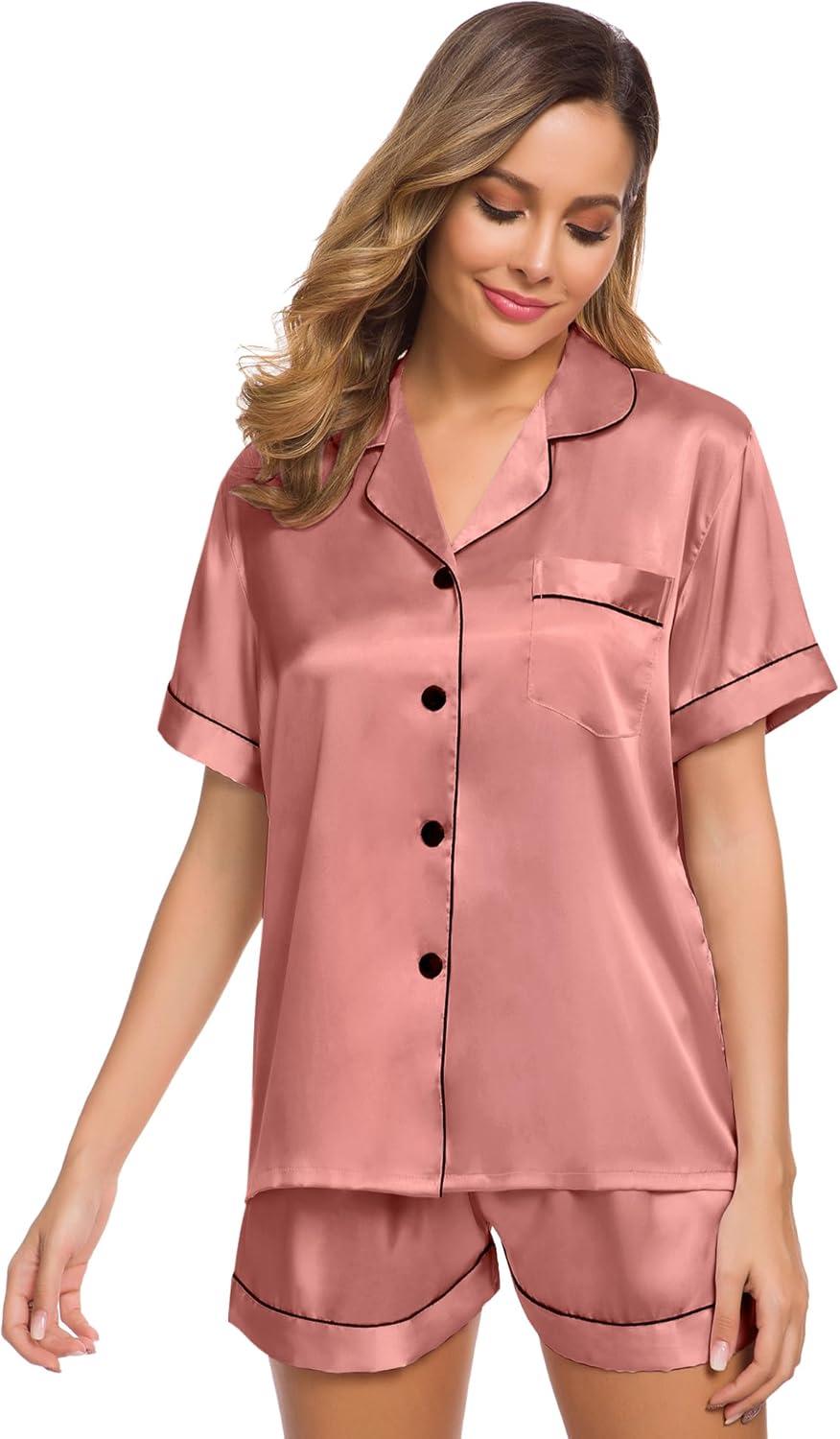 imageSWOMOG Womens Silk Satin Pajamas Set Short Sleeve Sleepwear Button Down Top and Shorts Loungewear 2 Piece Pjs Set XS3XLDeep Misty Rose