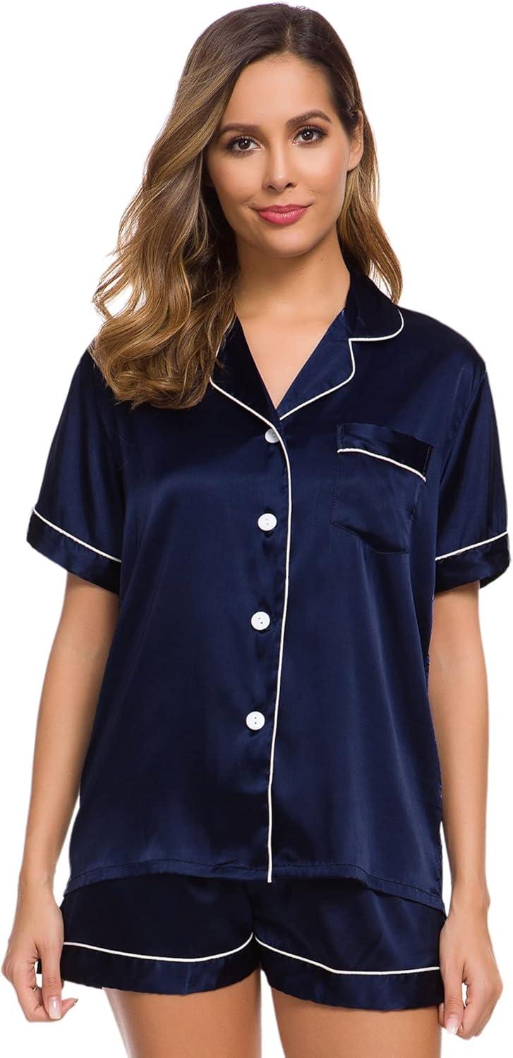 imageSWOMOG Womens Silk Satin Pajamas Set Short Sleeve Sleepwear Button Down Top and Shorts Loungewear 2 Piece Pjs Set XS3XLDeep Navy Blue