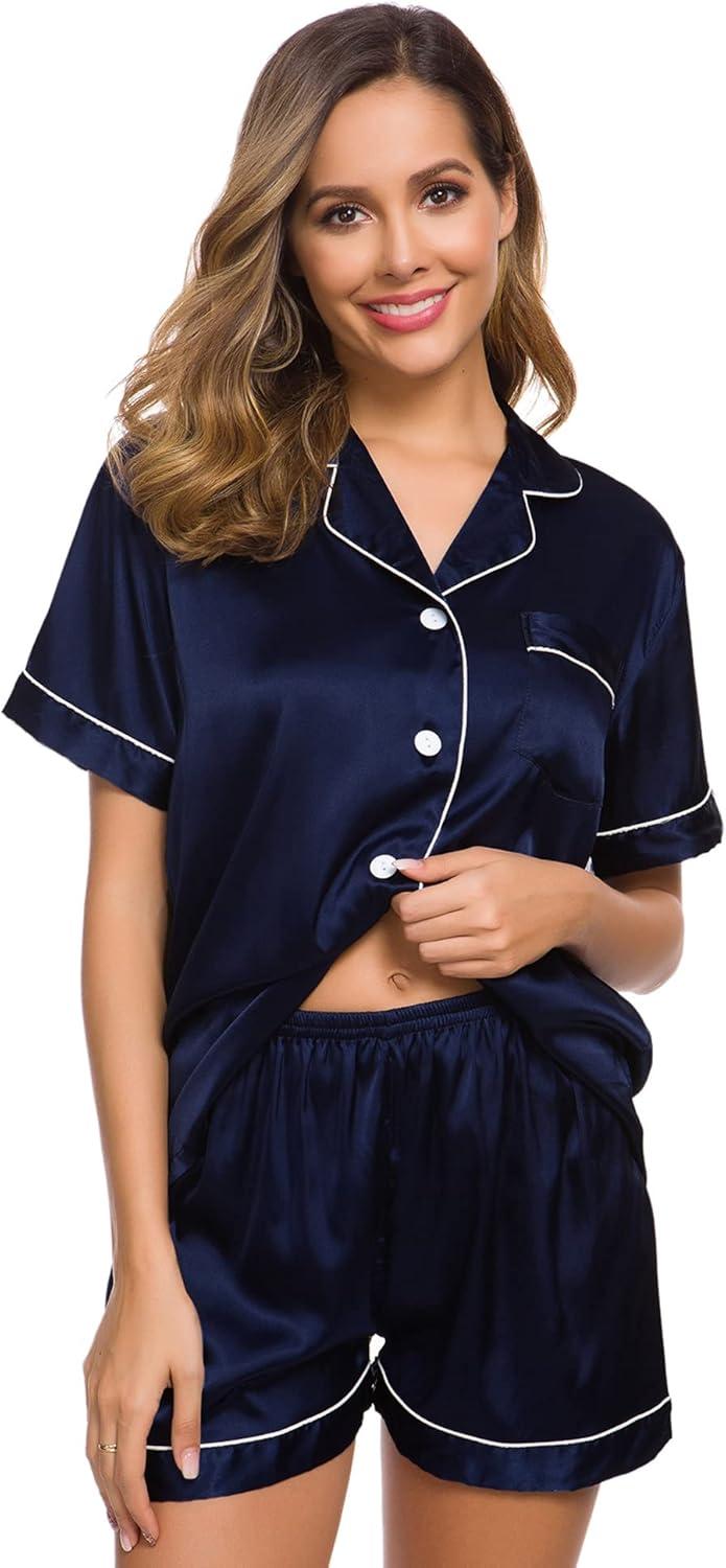 imageSWOMOG Womens Silk Satin Pajamas Set Short Sleeve Sleepwear Button Down Top and Shorts Loungewear 2 Piece Pjs Set XS3XLDeep Navy Blue
