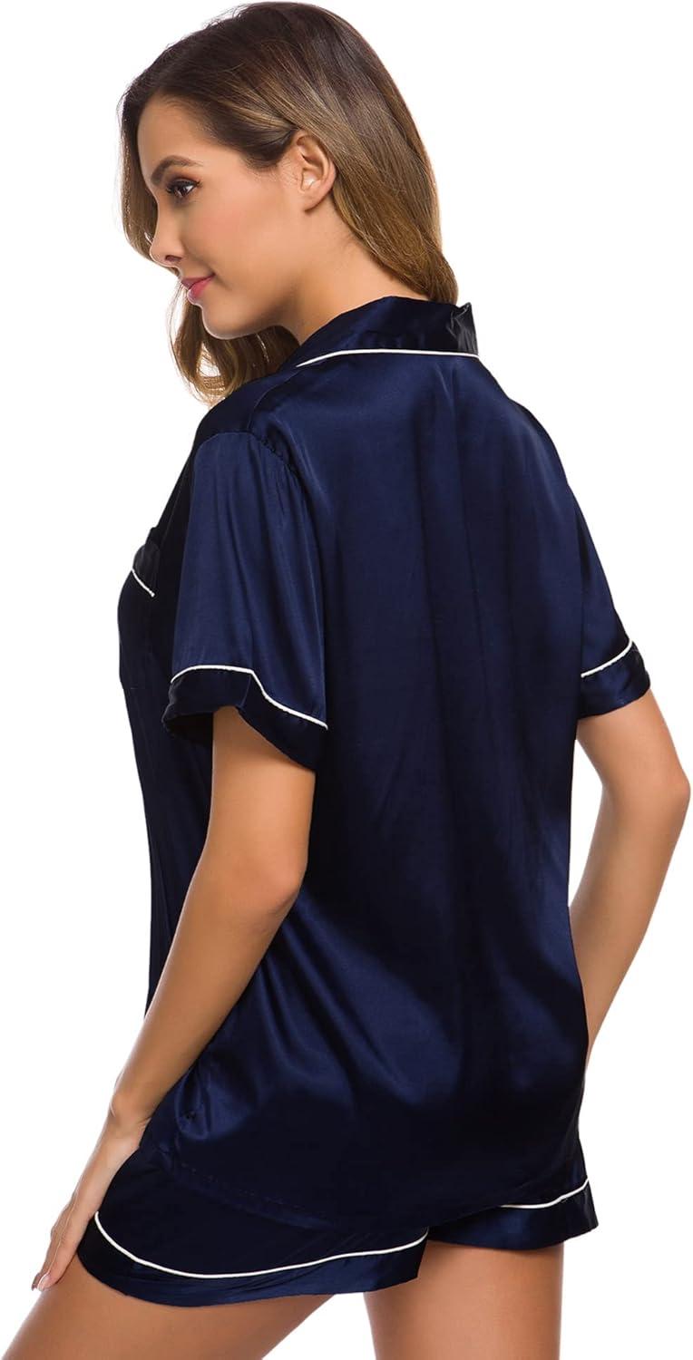 imageSWOMOG Womens Silk Satin Pajamas Set Short Sleeve Sleepwear Button Down Top and Shorts Loungewear 2 Piece Pjs Set XS3XLDeep Navy Blue