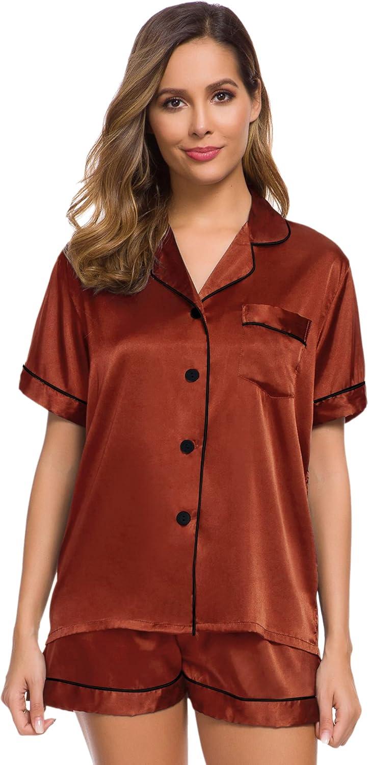 imageSWOMOG Womens Silk Satin Pajamas Set Short Sleeve Sleepwear Button Down Top and Shorts Loungewear 2 Piece Pjs Set XS3XLDeep Orange