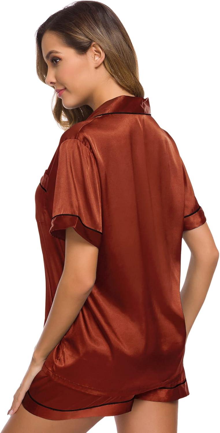 imageSWOMOG Womens Silk Satin Pajamas Set Short Sleeve Sleepwear Button Down Top and Shorts Loungewear 2 Piece Pjs Set XS3XLDeep Orange