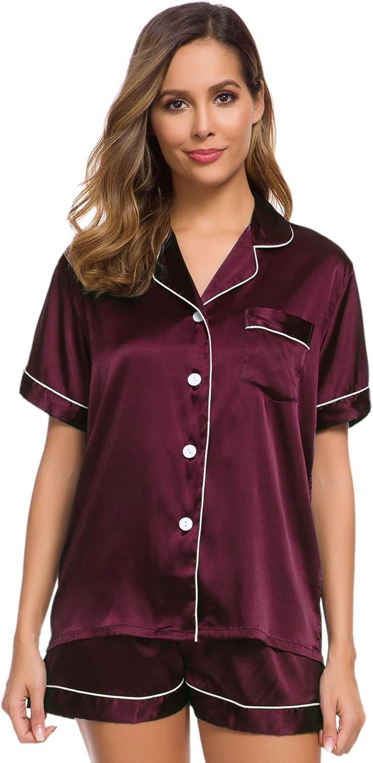 imageSWOMOG Womens Silk Satin Pajamas Set Short Sleeve Sleepwear Button Down Top and Shorts Loungewear 2 Piece Pjs Set XS3XLDeep Wine Red