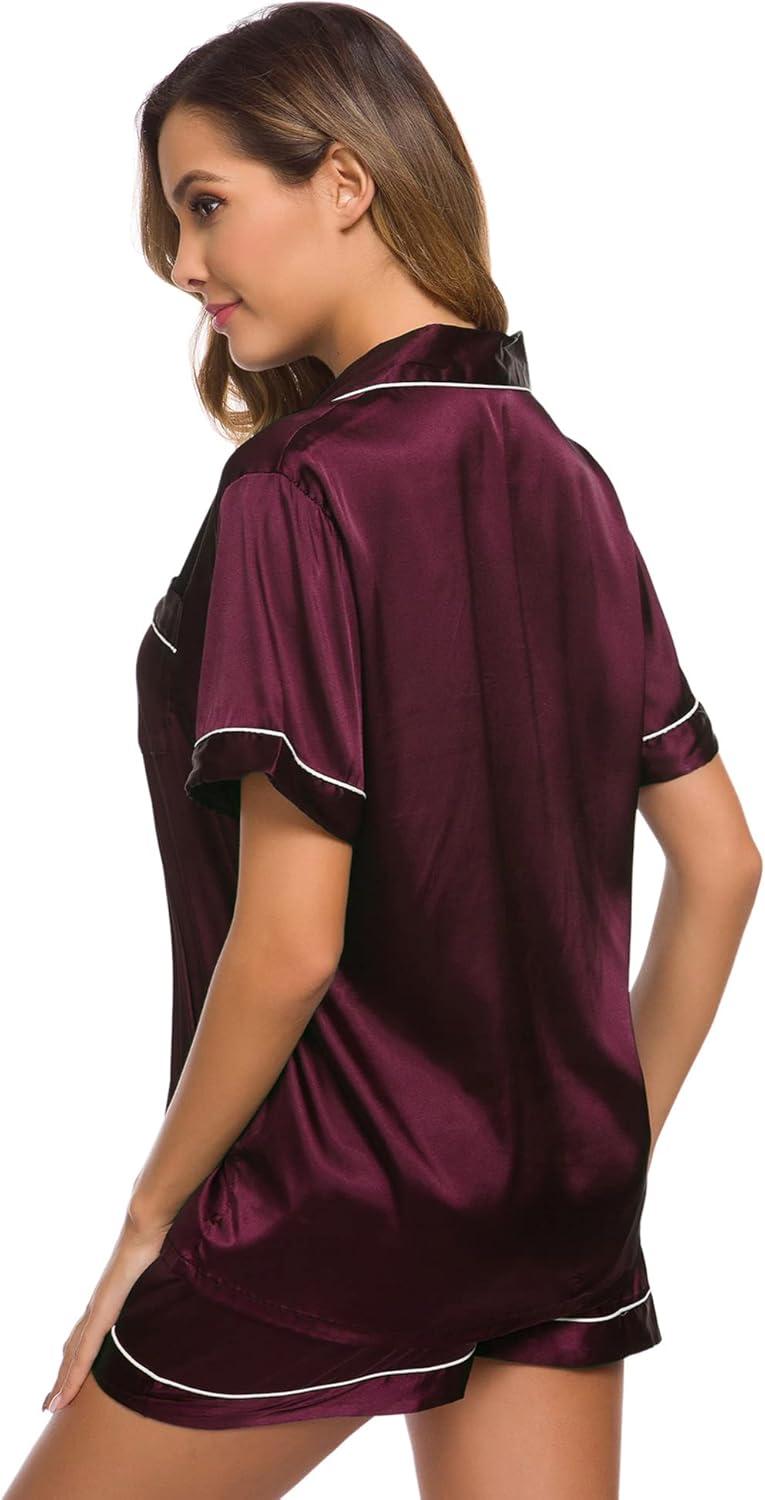 imageSWOMOG Womens Silk Satin Pajamas Set Short Sleeve Sleepwear Button Down Top and Shorts Loungewear 2 Piece Pjs Set XS3XLDeep Wine Red