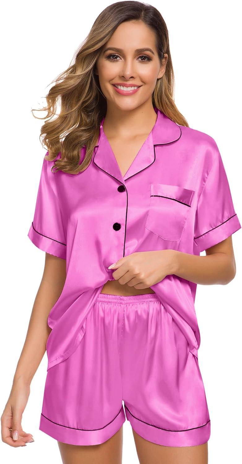 imageSWOMOG Womens Silk Satin Pajamas Set Short Sleeve Sleepwear Button Down Top and Shorts Loungewear 2 Piece Pjs Set XS3XLDolllike Pink