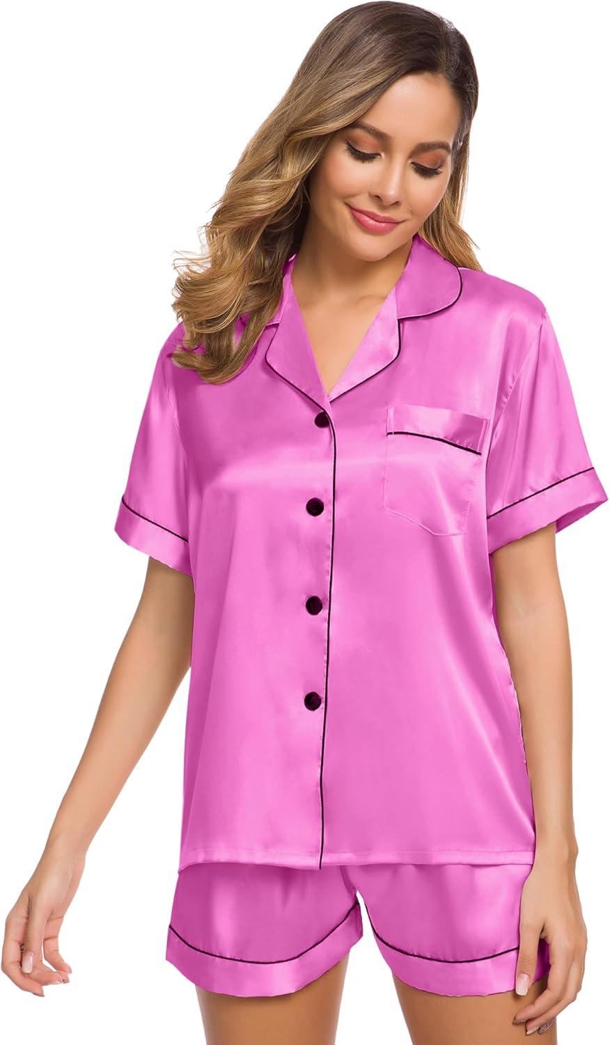 imageSWOMOG Womens Silk Satin Pajamas Set Short Sleeve Sleepwear Button Down Top and Shorts Loungewear 2 Piece Pjs Set XS3XLDolllike Pink