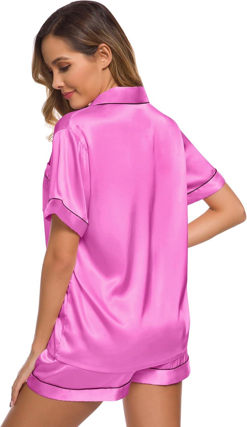 imageSWOMOG Womens Silk Satin Pajamas Set Short Sleeve Sleepwear Button Down Top and Shorts Loungewear 2 Piece Pjs Set XS3XLDolllike Pink