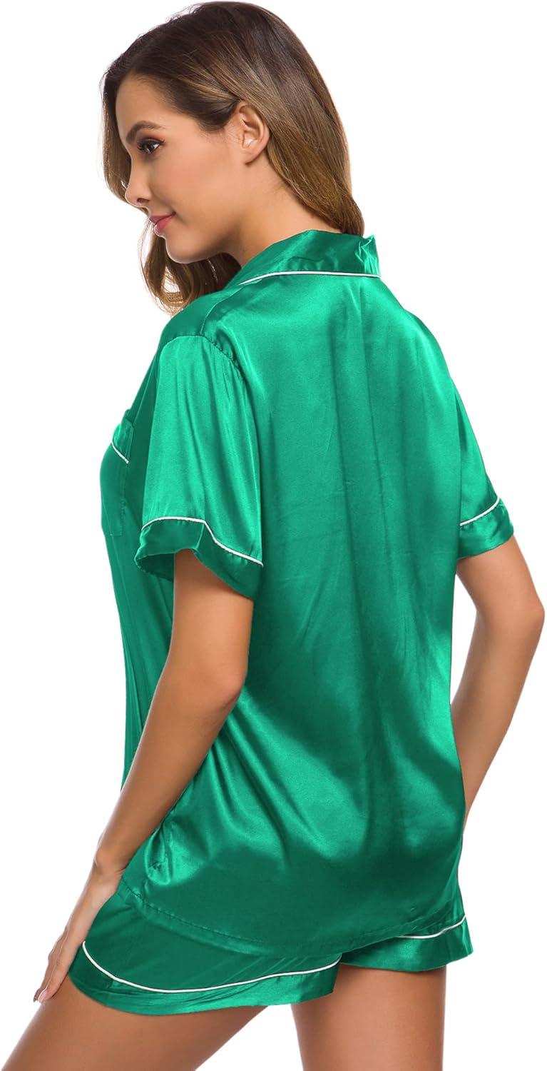 imageSWOMOG Womens Silk Satin Pajamas Set Short Sleeve Sleepwear Button Down Top and Shorts Loungewear 2 Piece Pjs Set XS3XLEmerald Green