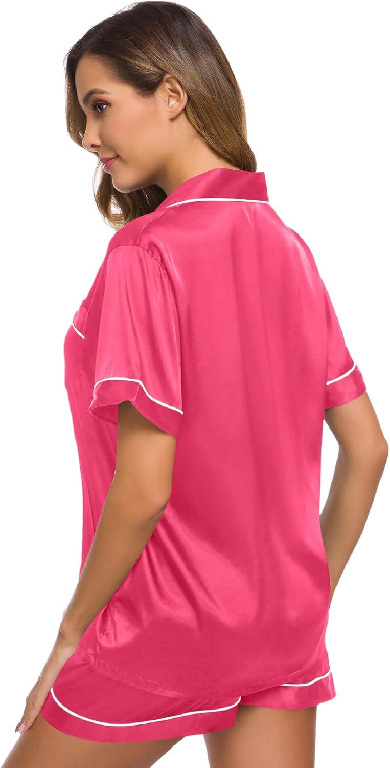 imageSWOMOG Womens Silk Satin Pajamas Set Short Sleeve Sleepwear Button Down Top and Shorts Loungewear 2 Piece Pjs Set XS3XLFandango Pink