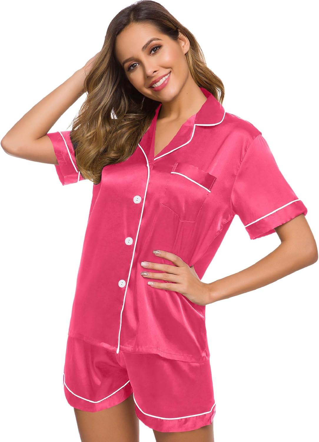 imageSWOMOG Womens Silk Satin Pajamas Set Short Sleeve Sleepwear Button Down Top and Shorts Loungewear 2 Piece Pjs Set XS3XLFandango Pink