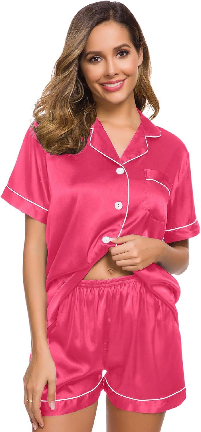 imageSWOMOG Womens Silk Satin Pajamas Set Short Sleeve Sleepwear Button Down Top and Shorts Loungewear 2 Piece Pjs Set XS3XLFandango Pink