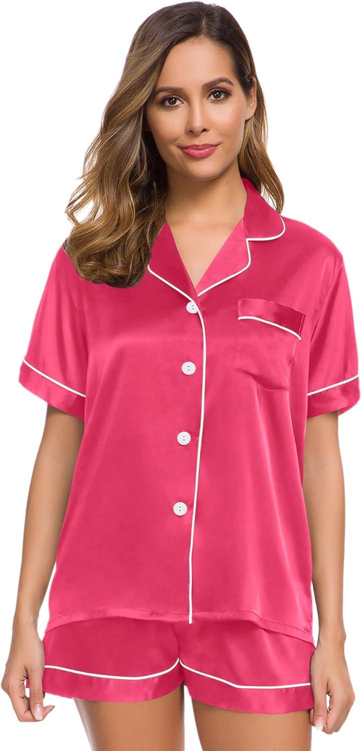 imageSWOMOG Womens Silk Satin Pajamas Set Short Sleeve Sleepwear Button Down Top and Shorts Loungewear 2 Piece Pjs Set XS3XLFandango Pink