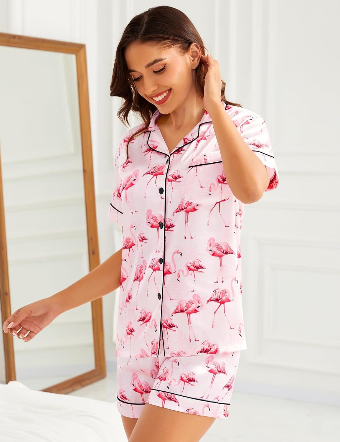 imageSWOMOG Womens Silk Satin Pajamas Set Short Sleeve Sleepwear Button Down Top and Shorts Loungewear 2 Piece Pjs Set XS3XLFlamingo Pink