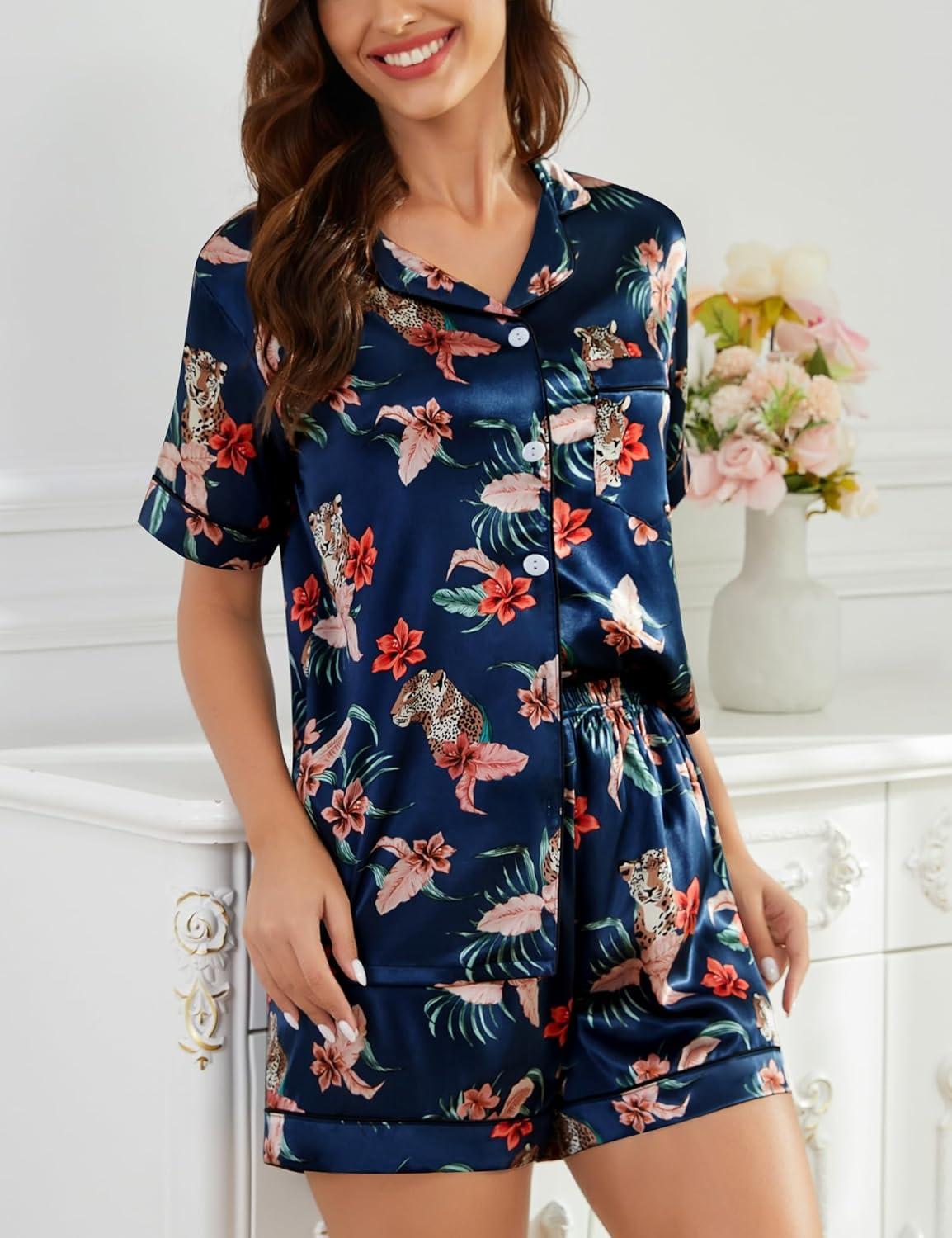 imageSWOMOG Womens Silk Satin Pajamas Set Short Sleeve Sleepwear Button Down Top and Shorts Loungewear 2 Piece Pjs Set XS3XLFloral Leopard