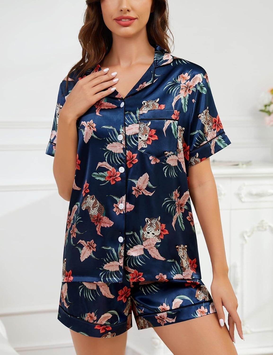imageSWOMOG Womens Silk Satin Pajamas Set Short Sleeve Sleepwear Button Down Top and Shorts Loungewear 2 Piece Pjs Set XS3XLFloral Leopard