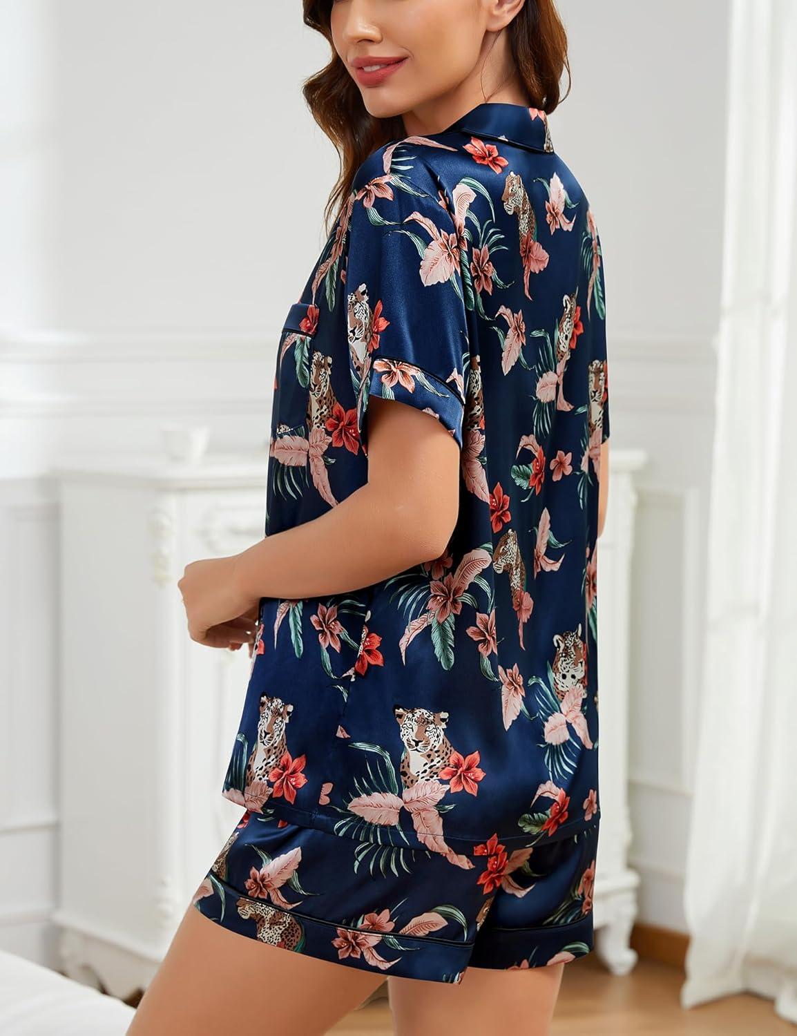 imageSWOMOG Womens Silk Satin Pajamas Set Short Sleeve Sleepwear Button Down Top and Shorts Loungewear 2 Piece Pjs Set XS3XLFloral Leopard