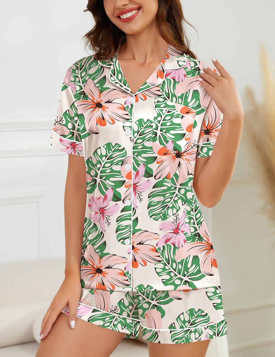 imageSWOMOG Womens Silk Satin Pajamas Set Short Sleeve Sleepwear Button Down Top and Shorts Loungewear 2 Piece Pjs Set XS3XLFloral Light Green