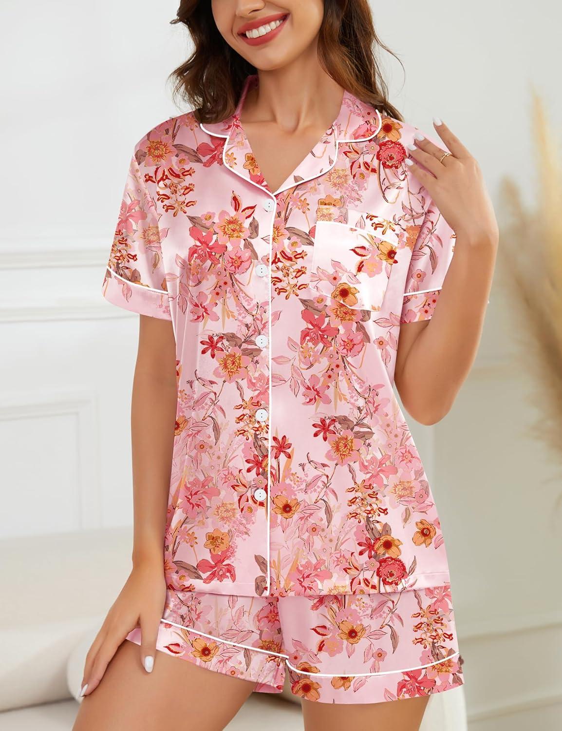 imageSWOMOG Womens Silk Satin Pajamas Set Short Sleeve Sleepwear Button Down Top and Shorts Loungewear 2 Piece Pjs Set XS3XLFlowers