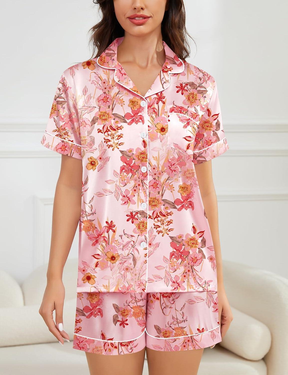 imageSWOMOG Womens Silk Satin Pajamas Set Short Sleeve Sleepwear Button Down Top and Shorts Loungewear 2 Piece Pjs Set XS3XLFlowers