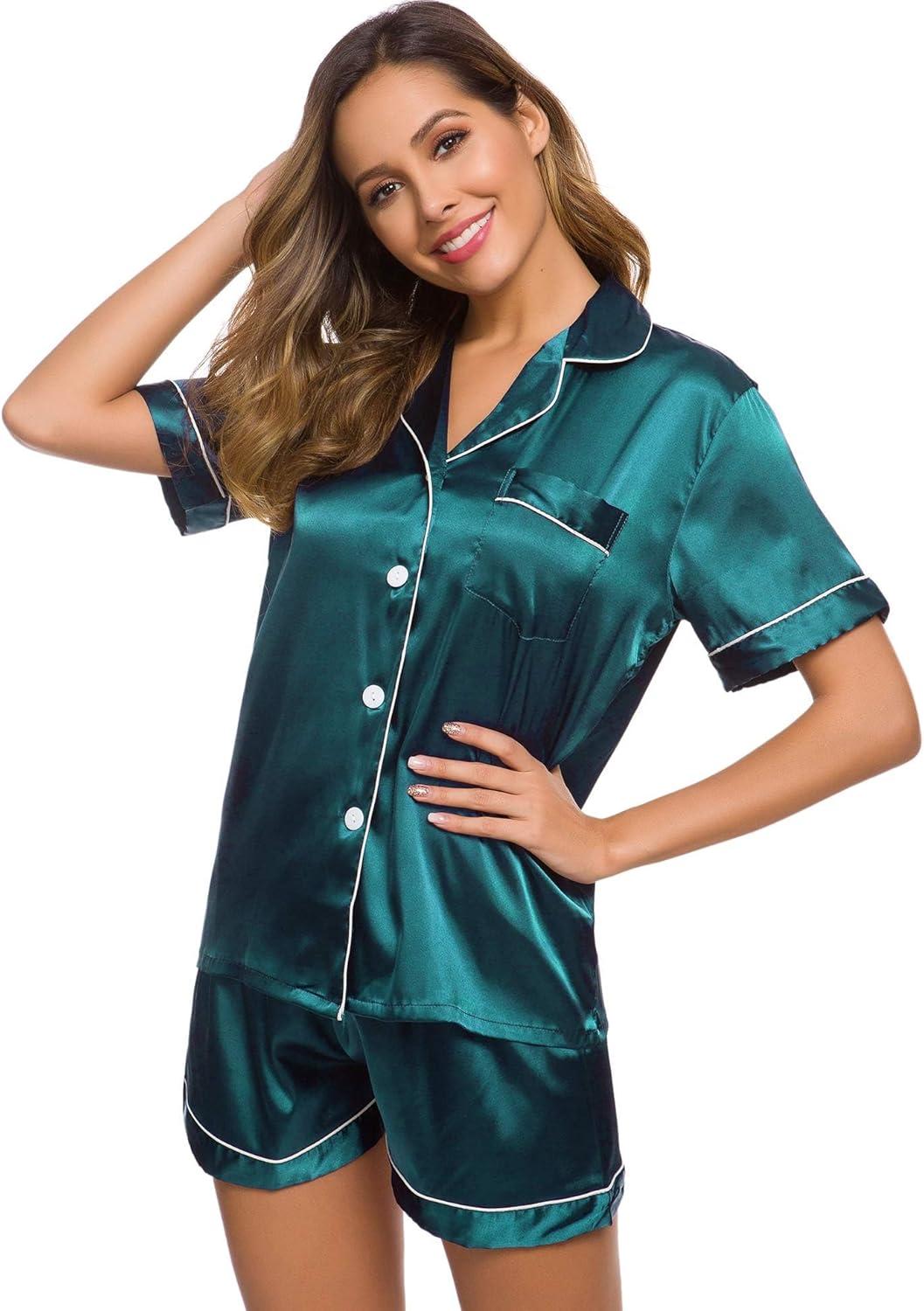 imageSWOMOG Womens Silk Satin Pajamas Set Short Sleeve Sleepwear Button Down Top and Shorts Loungewear 2 Piece Pjs Set XS3XLGreen